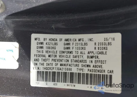 2016 Honda Accord Ex from USA, damaged, VIN 1HGCR2F73GA215686